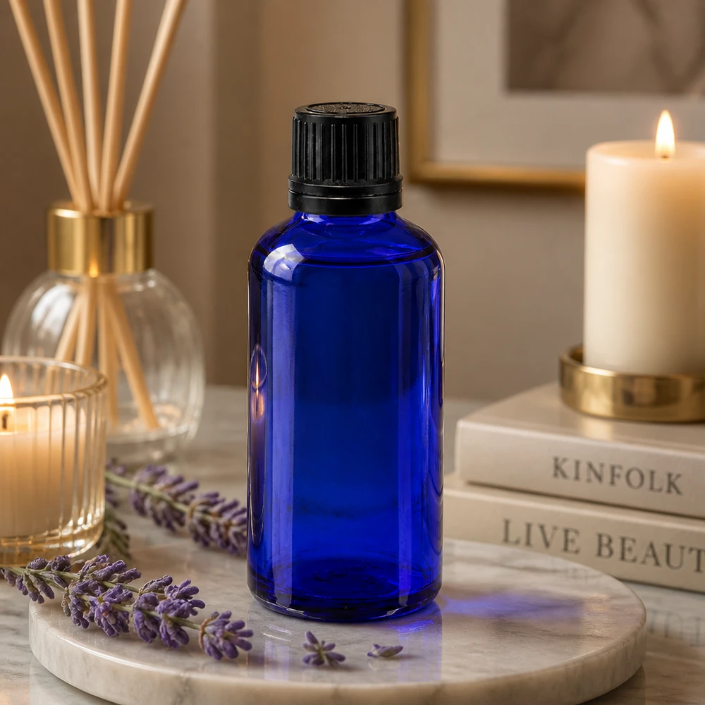 50 ml apotekerflaske i blåt med OV-lukning ved siden af lavendelblomster og duftlys