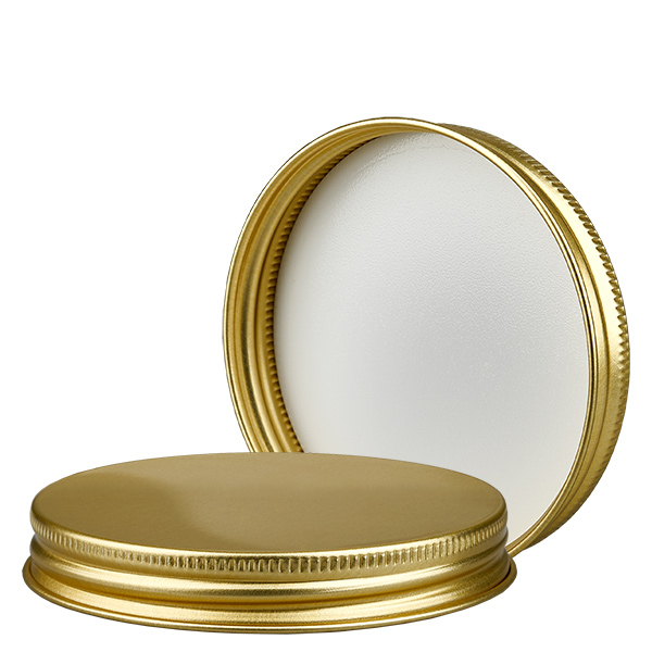 Metalskruelåg guld, gevind 63mm/R3 ApoGlas. Farmaceutisk kvalitet fra EU-produktion. Til f.eks. 180 ml glaskrukke (art. 1002401).
