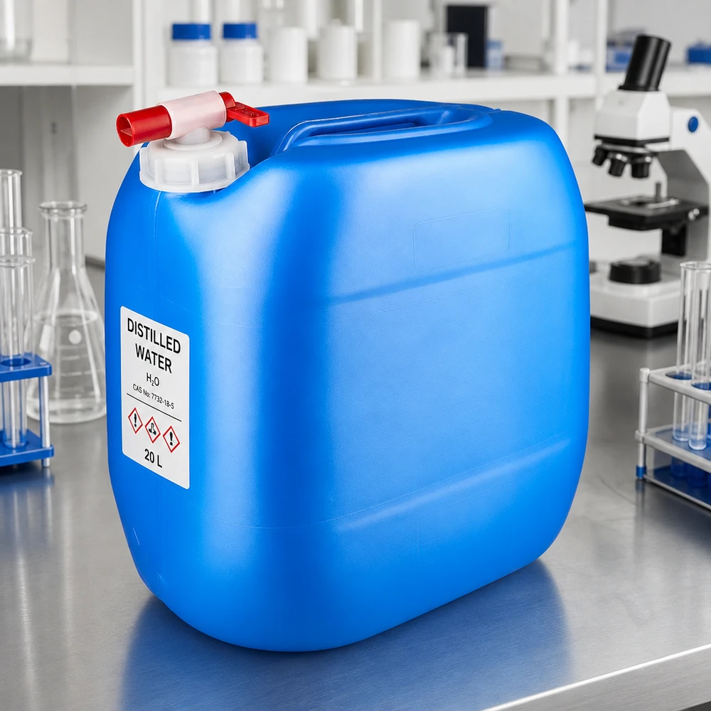 Robust 30-liters dunk i blå med praktisk udløbshane til laboratorier og industrien