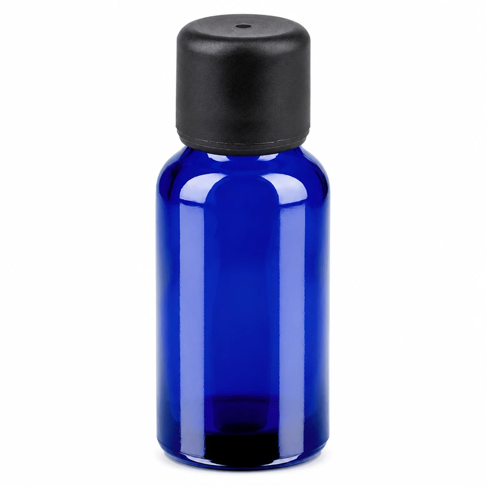 20 ml flaske 6 mm SV sort STD BlueLine UT18/20 Blå glasflaske 20 ml med sort hætte SV 6 mm til æteriske olier og kosmetik