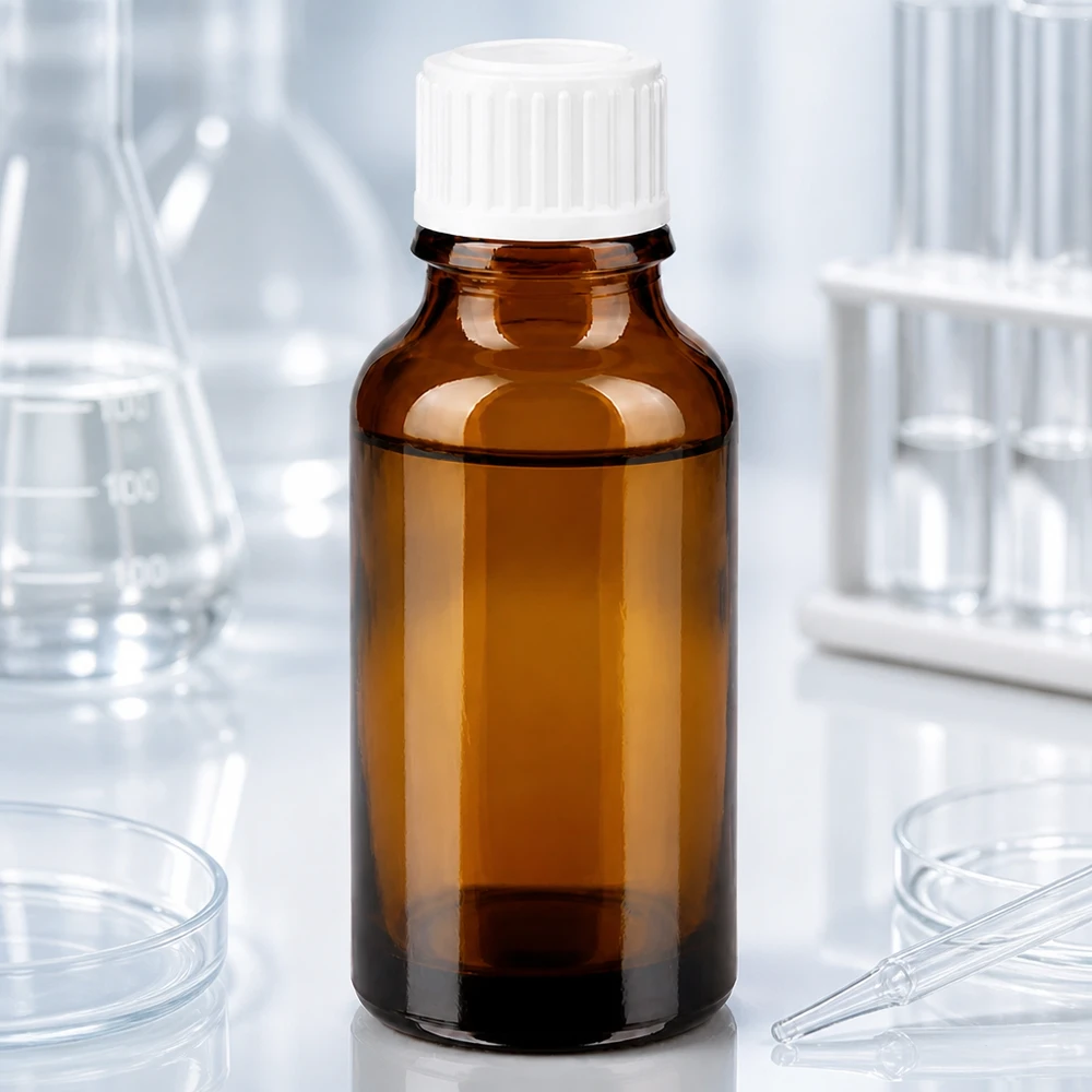 Apoteksflaske brun 20ml dråbetæller hvid 0,8mm stk. 20 ml dråbeflaske af brunt glas med hvid skruelåg til brug i laboratoriemiljøet