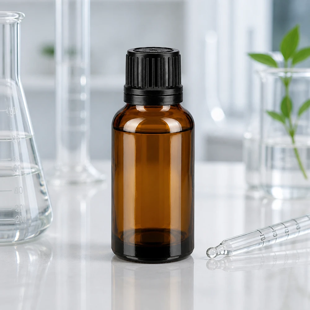 Apoteksflaske brun 20ml dryp v. Pr. 1mm sort OV 20 ml dråbeflaske af brunt glas med en åbning på 1 mm og sort OV-lukning i laboratoriet