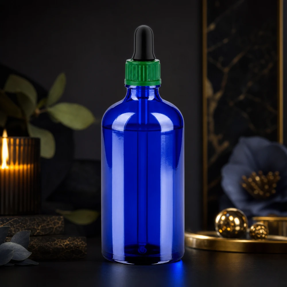 100 ml flaske 11 mm SV grøn STD BlueLine UT18/100 Elegant 100 ml dråbeflaske i koboltblå med pipette til præcis dosering af serum