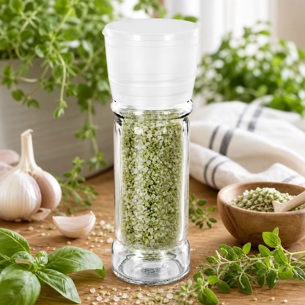Salt-/krydderikrukke 100 ml med kværn, Vario, hvid Urtesaltglas på 100 ml med hvid kværn, fyldt med grønt urtesalt blandet med friske urter