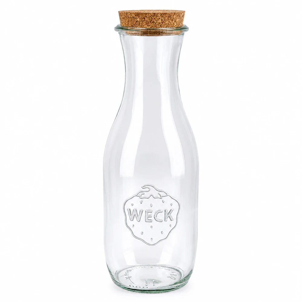 1062 ml juiceflaske WECK RR60 med kork natur WECK juiceflaske 1062 ml RR60 af glas med naturkork til drikkevarer og opbevaring