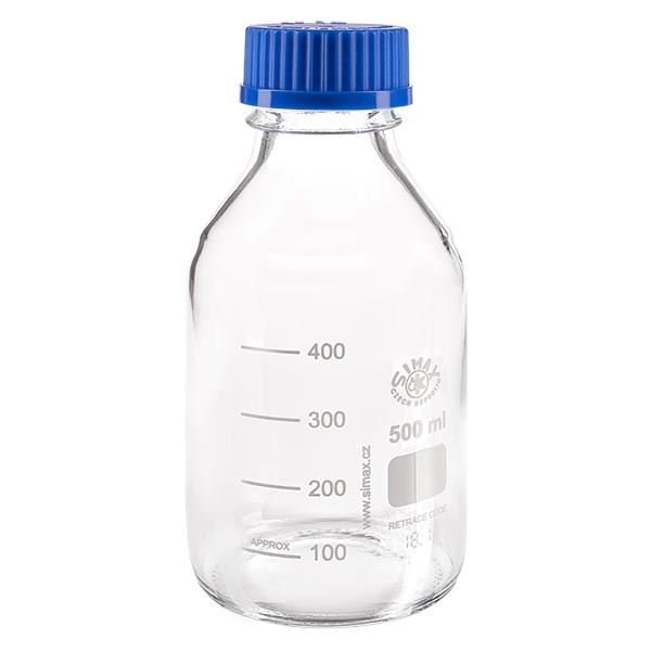 Laboratorieflaske med gevind 500 ml med hætte, borosilikat Laboratorieflaske med gevind 500 ml med hætte, borosilikat