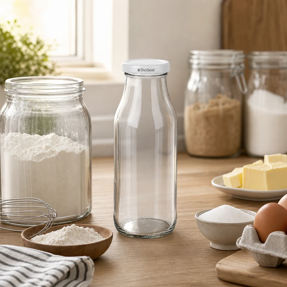 UNiTWIST Bottle263 med hvidt låg TO43 BioSeal UNiTWIST Bottle263 tom glasflaske med hvidt BioSeal-låg på træbord mellem bageingredienser og køkkenredskaber