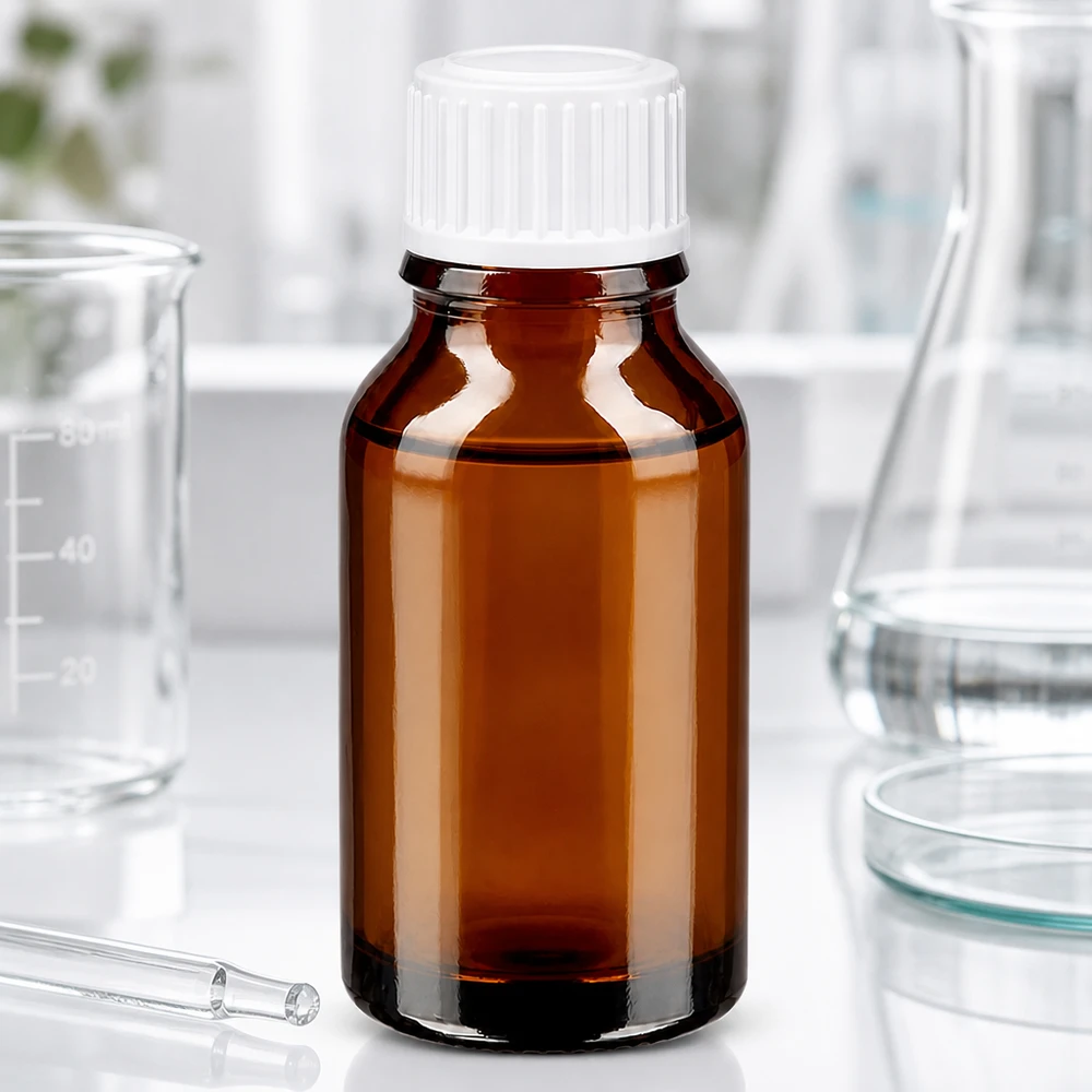 Medicinflaske af ravfarvet glas, 15 ml, med hvid skruelåg i laboratoriet