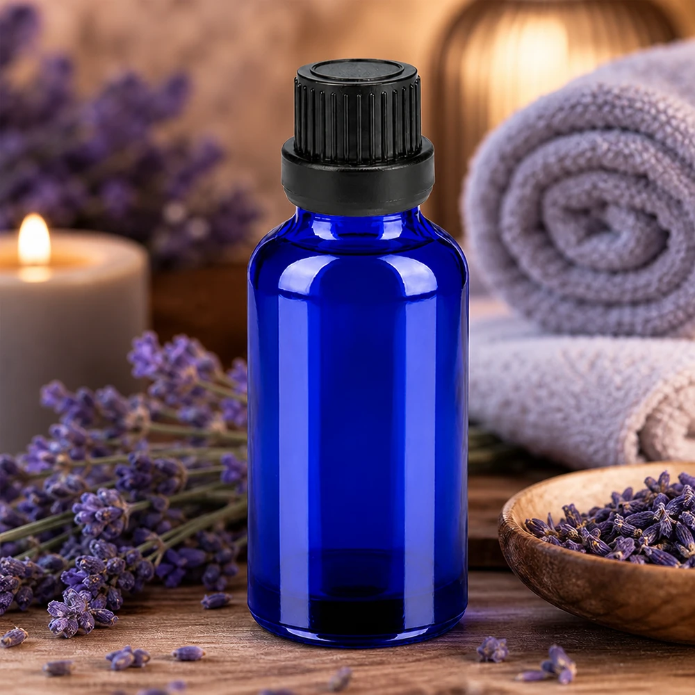 Blå 30 ml glasflaske med dråbehætte til lavendelolie og æteriske olier