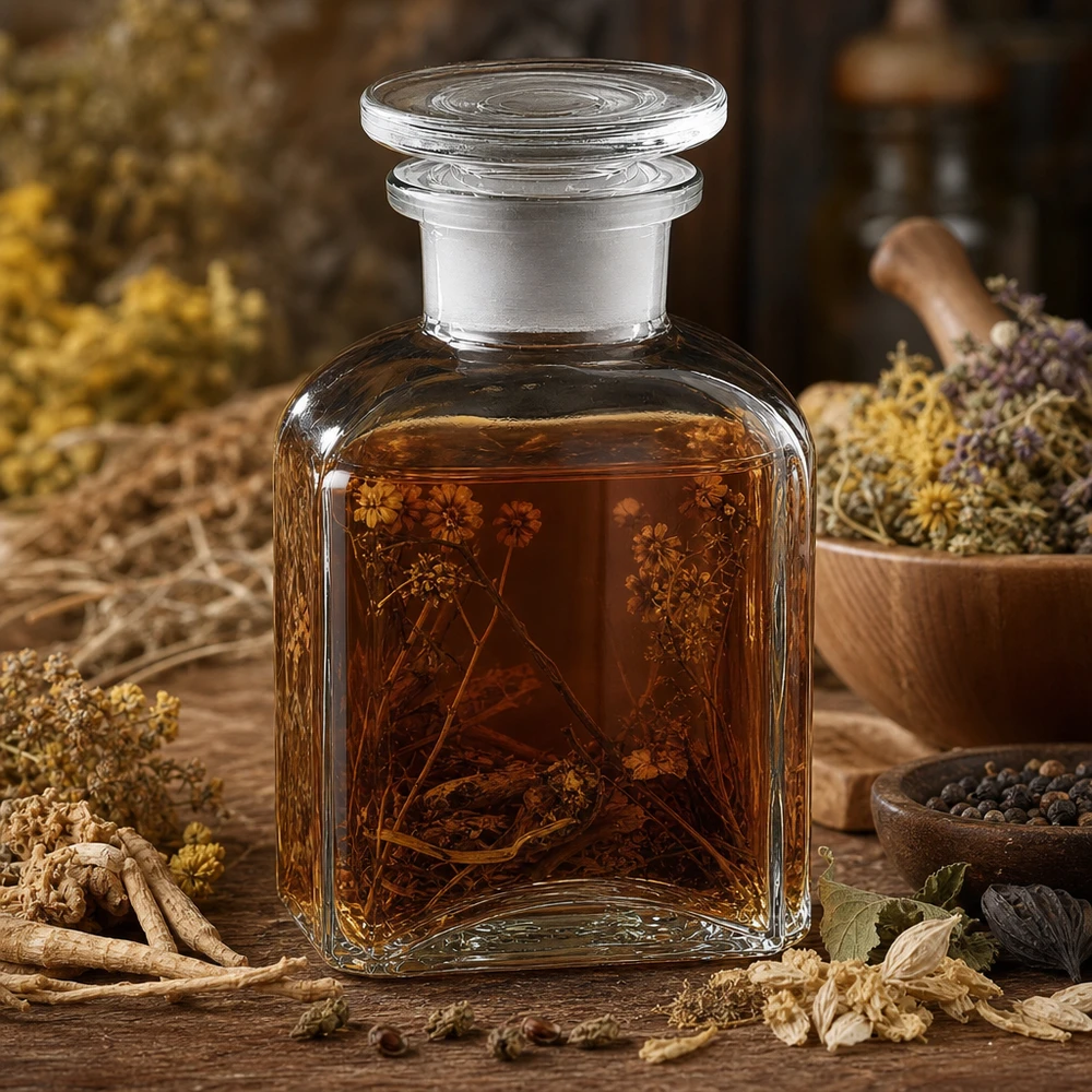 Firkantet flaske 150 ml klar glasprop med bred hals Rektangulær flaske af klart glas, 150 ml, med glasprop, fyldt med urtetinktur, på et træbord