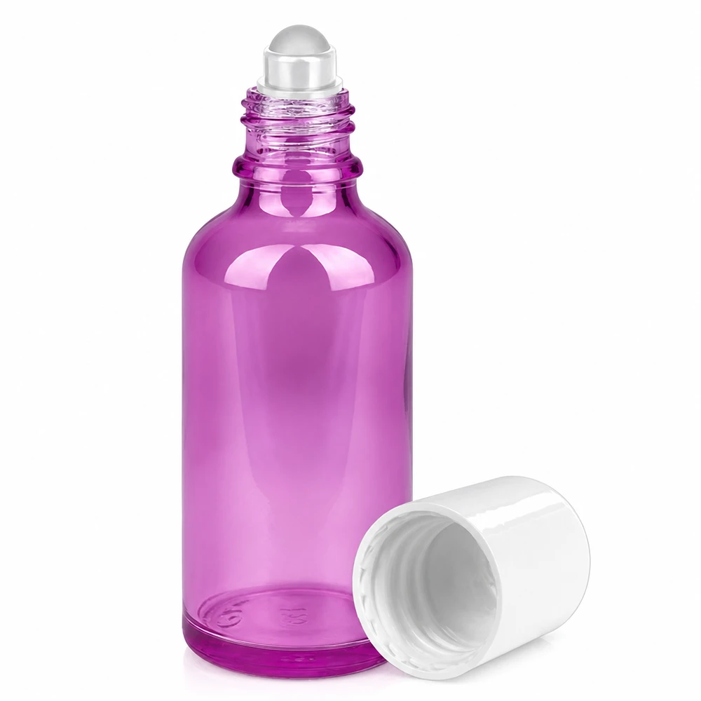 50 ml roll-on-flaske hvid Standard PurpleLine UT18/50 Roll-on-flaske 50 ml violet transparent med rullekugle til æteriske olier og serum