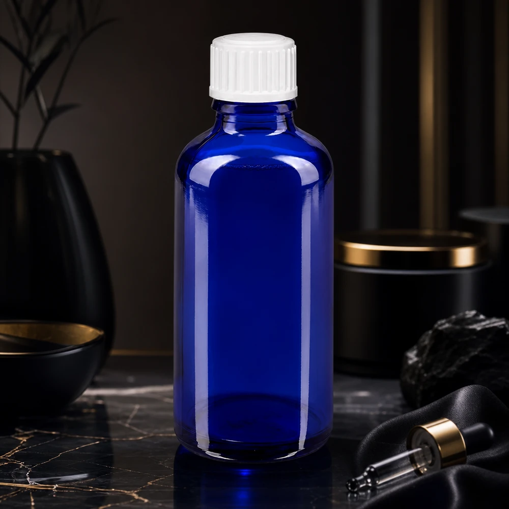 Koboltblå 50 ml apotekerflaske af højkvalitetsglas med hvid dråbeåbning (3 mm)