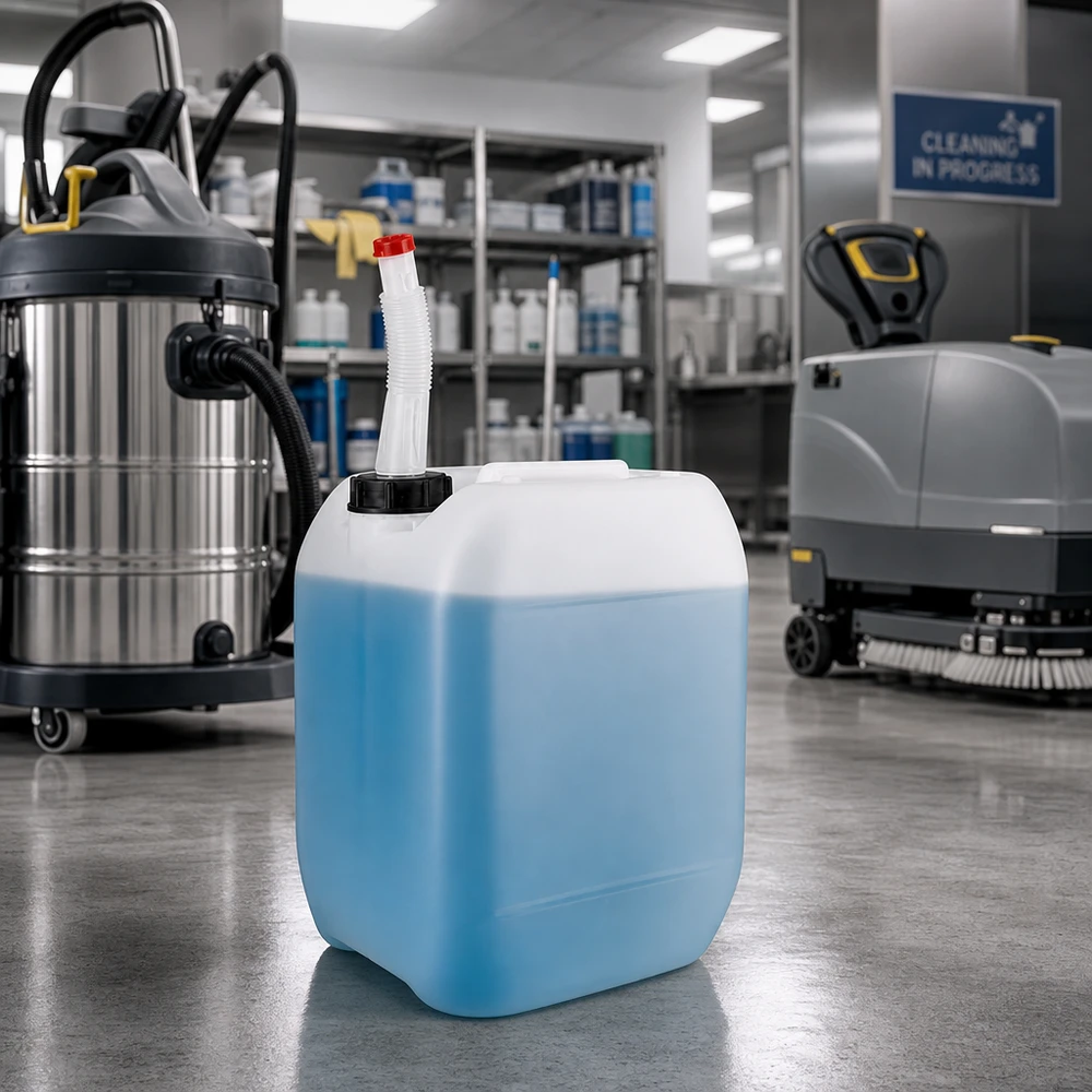 Beholder 10 liter med Flex-udløbsrør Blå 10-liters rengøringsdunk med fleksibelt udløbsrør til professionel bygningsrengøring
