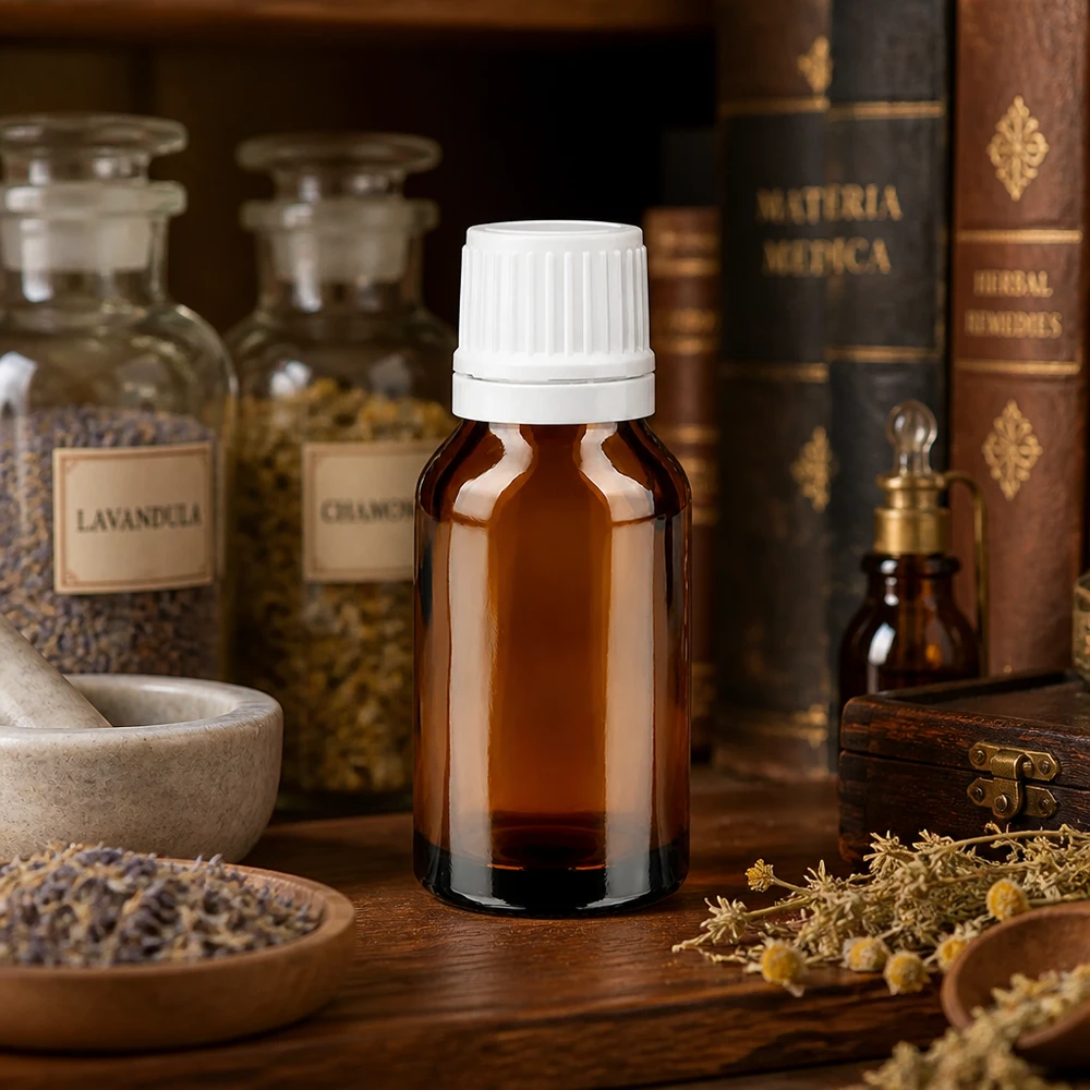 Ravfarvet 15 ml dråbeflaske med hvid skruelåg foran Materia Medica-bøgerne