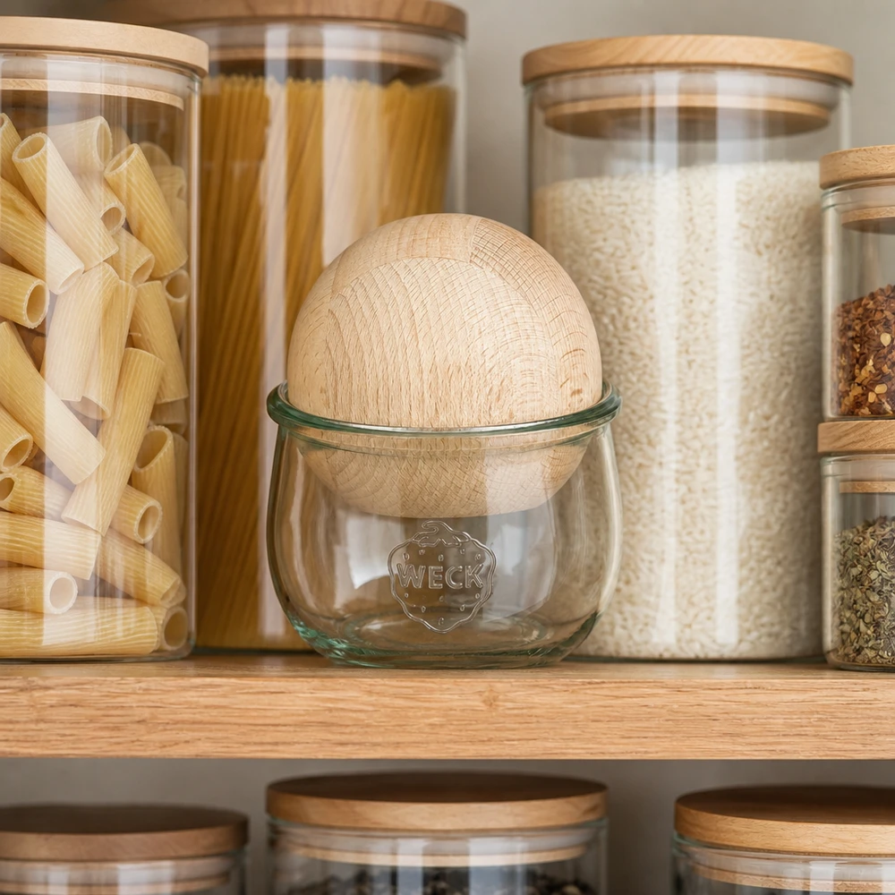 580 ml tulipankrukke WECK RR100 med trækugle bøg WECK tulipankrukke 580ml RR100 med bøgetræskugle i organiseret opbevaringskøkken mellem pasta- og risopbevaringsglas