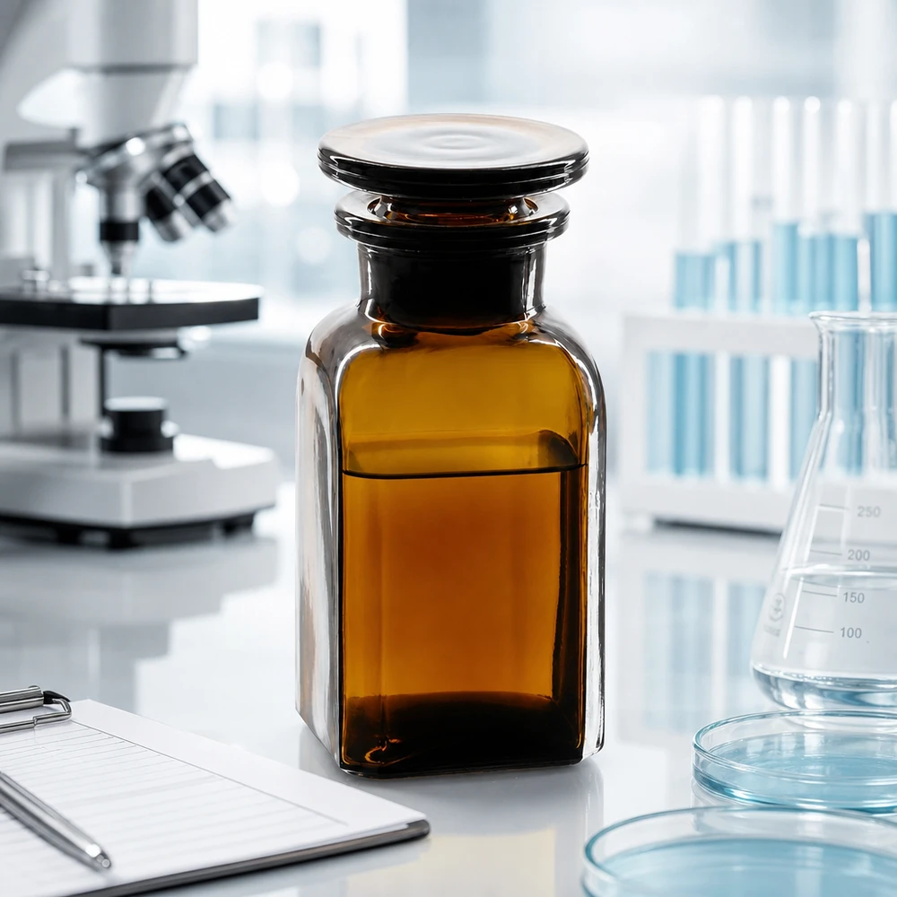 Firkantet flaske 100 ml brun glasprop med bred hals Brun firkantet flaske på 100 ml med glasprop i et laboratoriemiljø ved siden af et mikroskop og en Erlenmeyer-kolbe