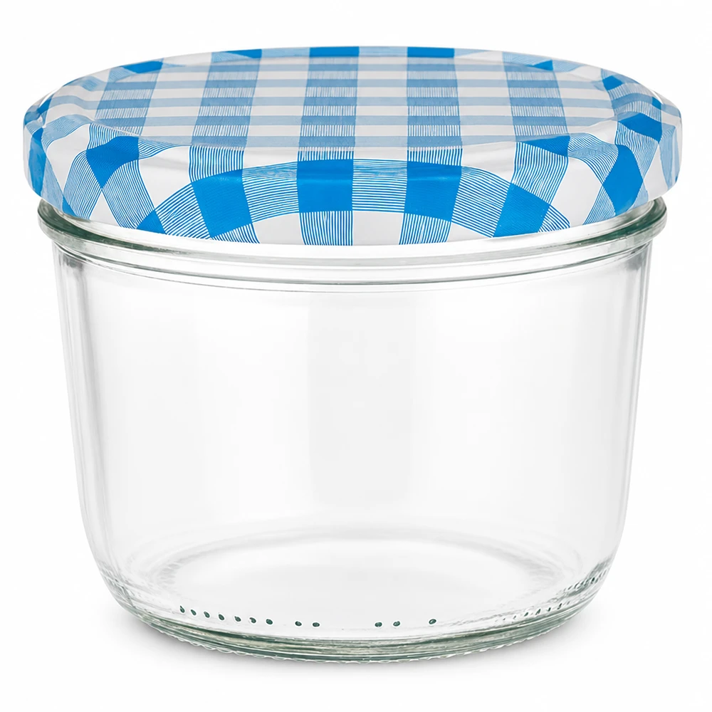 230 ml Briller + BasicSeal-låg blå/hvid UNiTWIST 230 ml glas med blå- og hvidternet BasicSeal-låg til marmelade og konserves