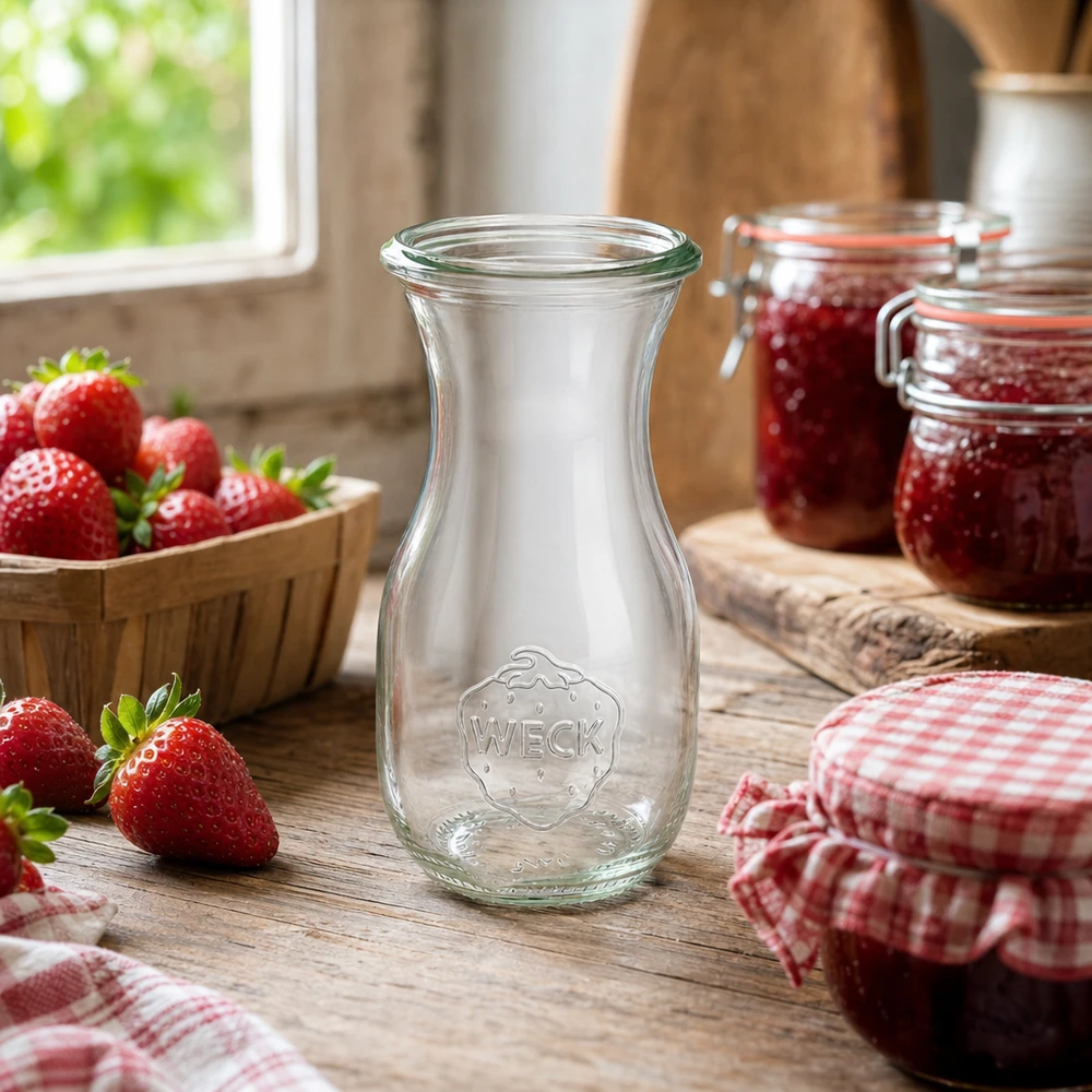 290 ml saftflaske WECK RR60 WECK juiceflaske 290 ml RR60 i et rustikt køkken med friske jordbær og hjemmelavet marmelade