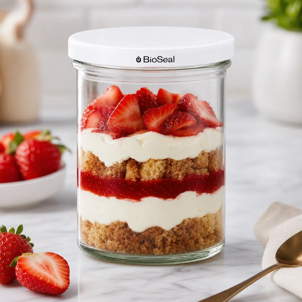 UNiTWIST Lintel435 med hvidt låg TO82 BioSeal UNiTWIST-bægre 435 ml med lagdelt jordbærdessert og friske bær viser kreativ dessertpræsentation