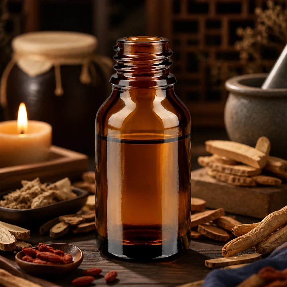 Dropperflaske 15 ml DIN 18 ravfarvet glas 15 ml brun apotekerflaske ApoGlas med ginsengrodder, krydderier og stearinlys i traditionelt healingsmiljø