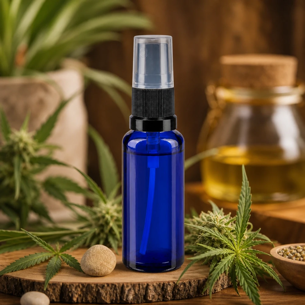 30 ml sprøjteflaske af blåt glas med sort pumpesprøjte mellem cannabisplanter og hampfrø