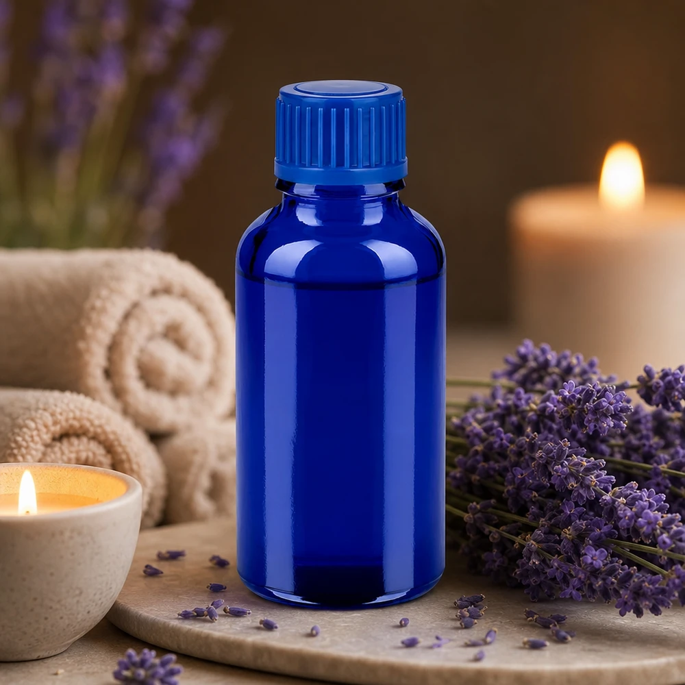 30 ml apotekerflaske i koboltblå lavet af UV-beskyttende glas til aromaterapi