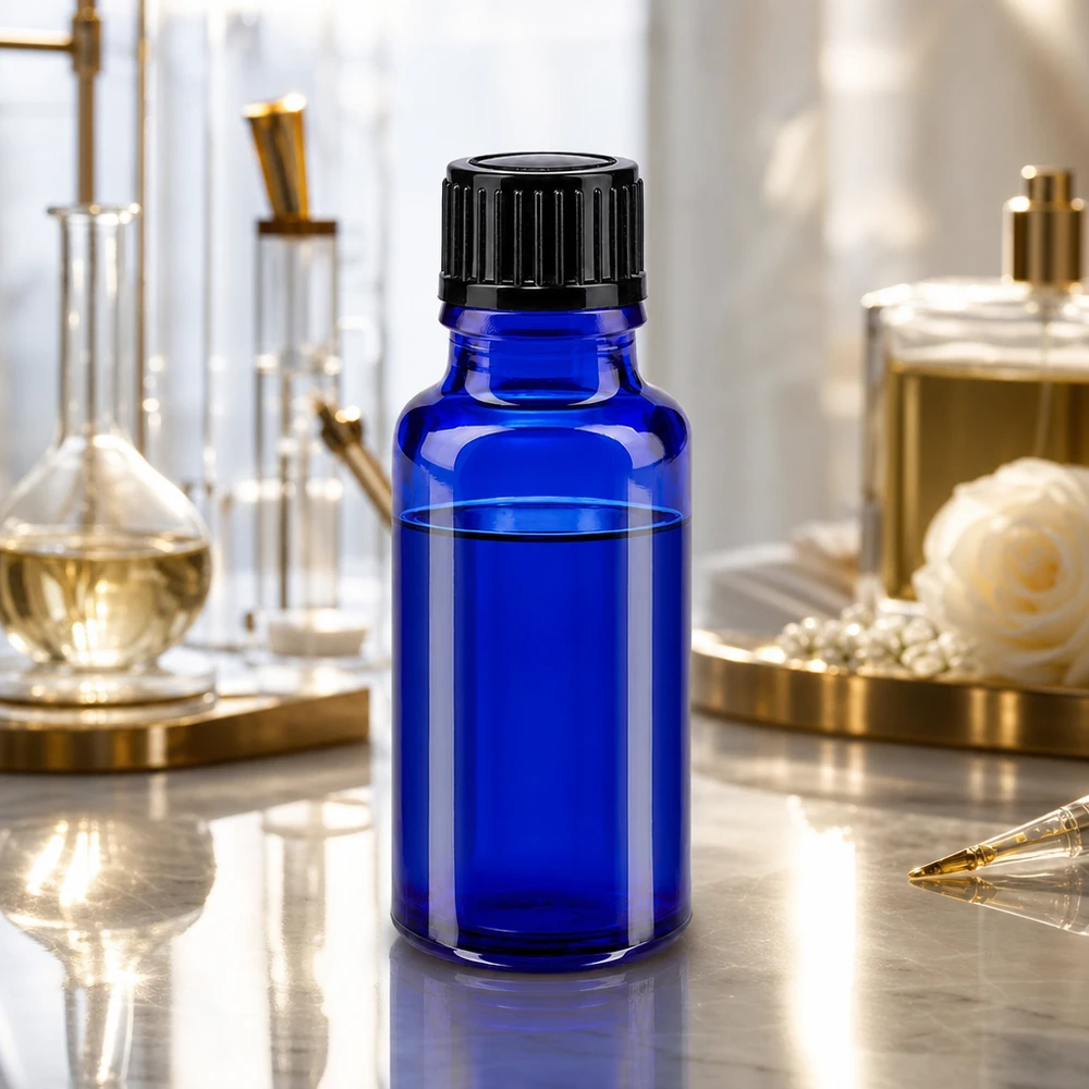 Blå 20 ml apotekerflaske af glas med sort skruelåg i laboratoriestil