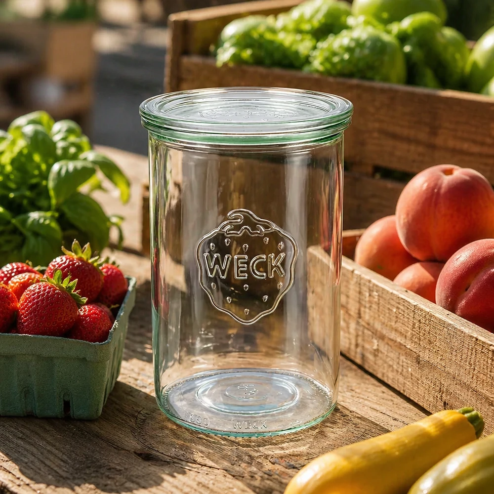 1000 ml Briller med glaslåg WECK RR100 WECK-glas 1000 ml RR100 tomme udendørs på et træbord omgivet af frisk frugt og grøntsager i trækasser