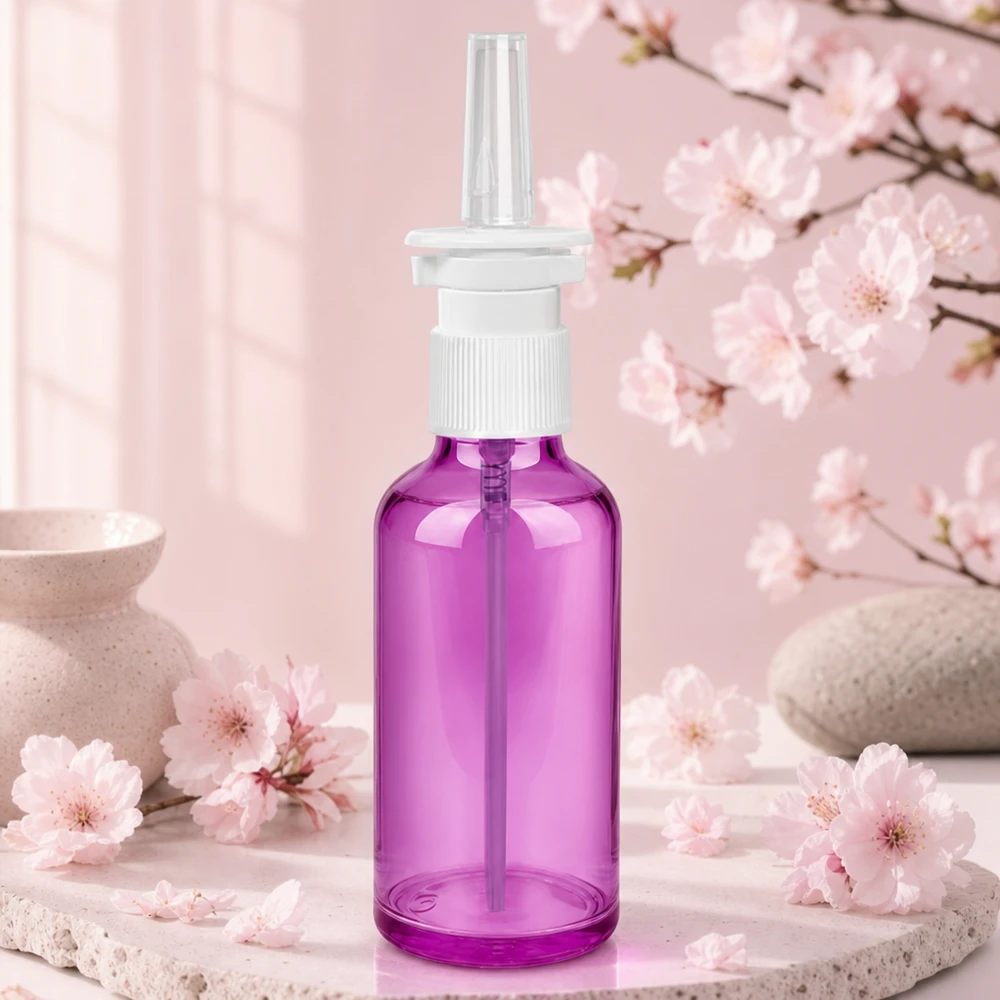 50 ml næsesprayflaske hvid/transparent standard PurpleLine. UT18/50 50 ml næsesprayflaske af høj kvalitet med hvidt sprayhoved i en attraktiv lilla farve