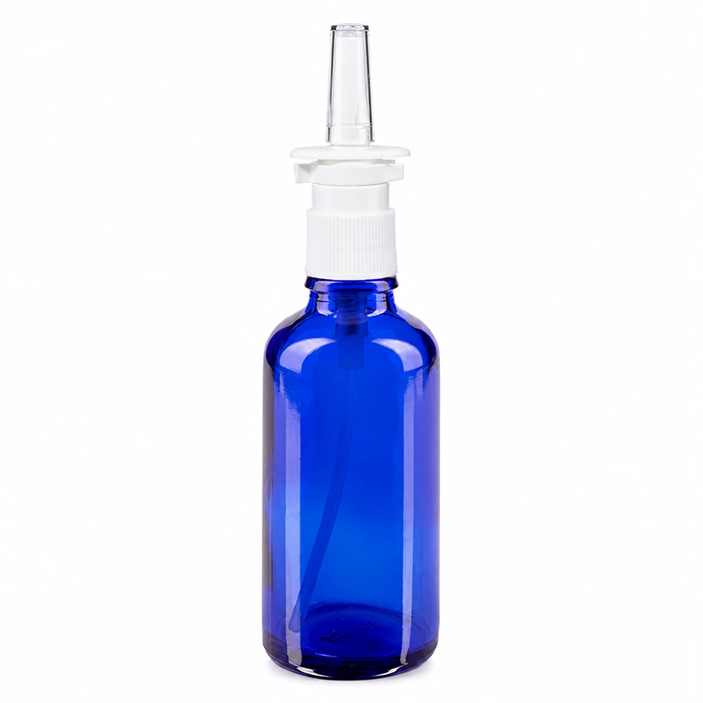 50 ml blå glasflaske med hvid næsesprayhoved og gennemsigtig spids til apoteker