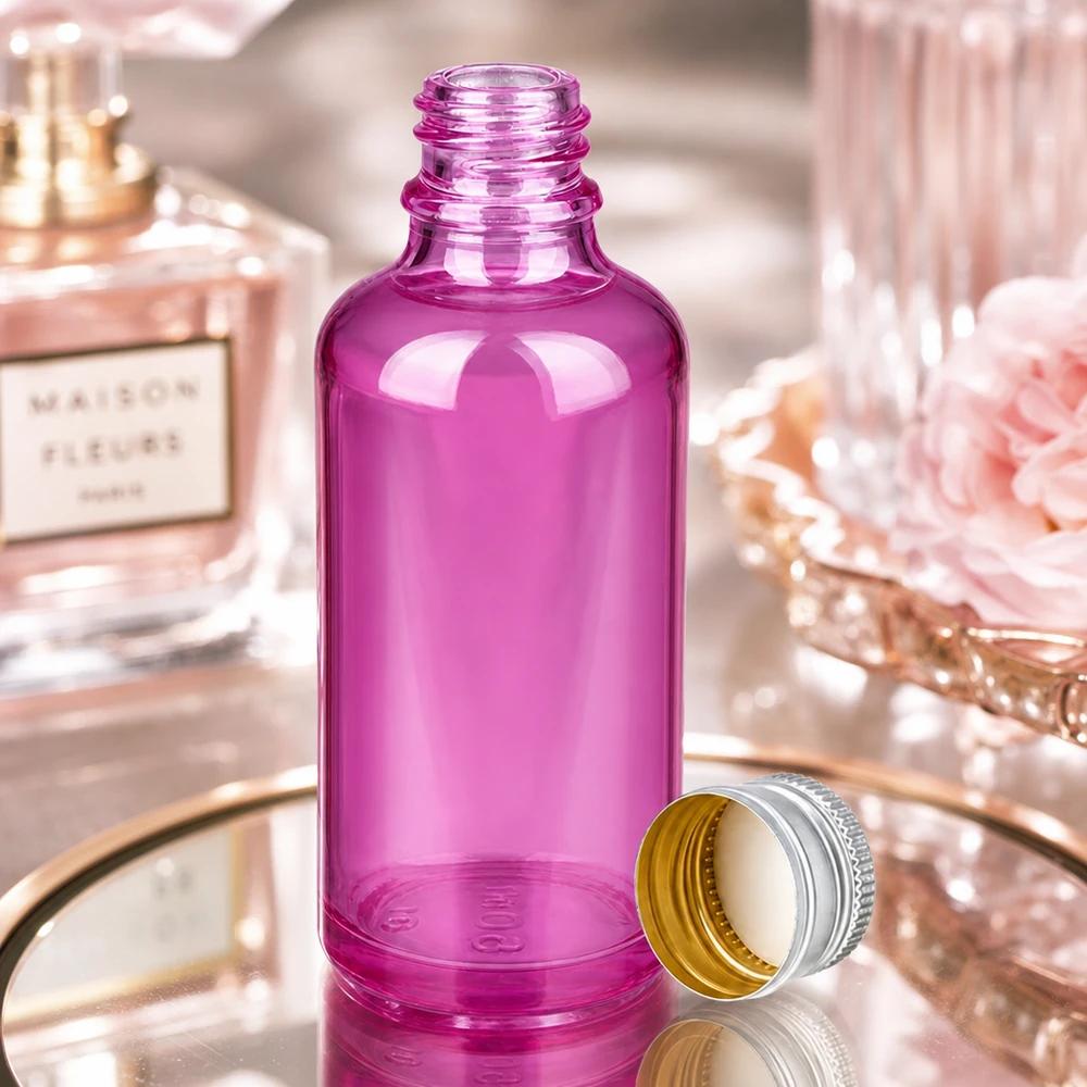50 ml flaske 11 mm skruelåg aluminium-sølv standard PurpleLine.UT18/50 Elegant 50 ml violet glasflaske med premium aluminium-sølvhætte til luksuskosmetik
