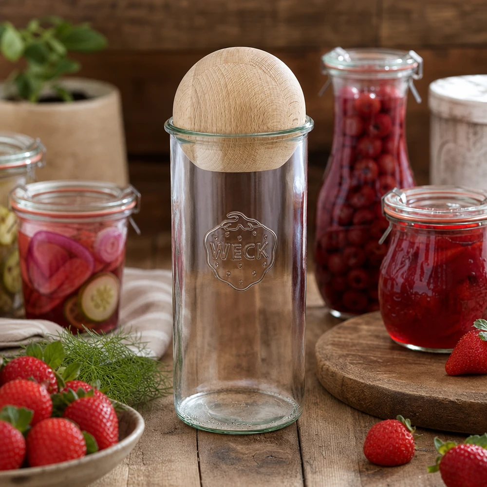 1500 ml Briller WECK RR100 med trækugle bøg WECK 1500 ml RR100-glas arrangeret dekorativt med syltetøjsglas og friske jordbær på et træbord
