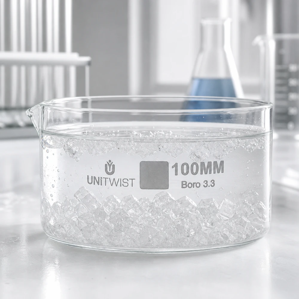 Krystalliseringsskål ø100mm borosilikatglas UNiTWIST UNiTWIST krystalliseringsskål 100 mm, fyldt med isterninger, laboratorieborosilikatglas, klart