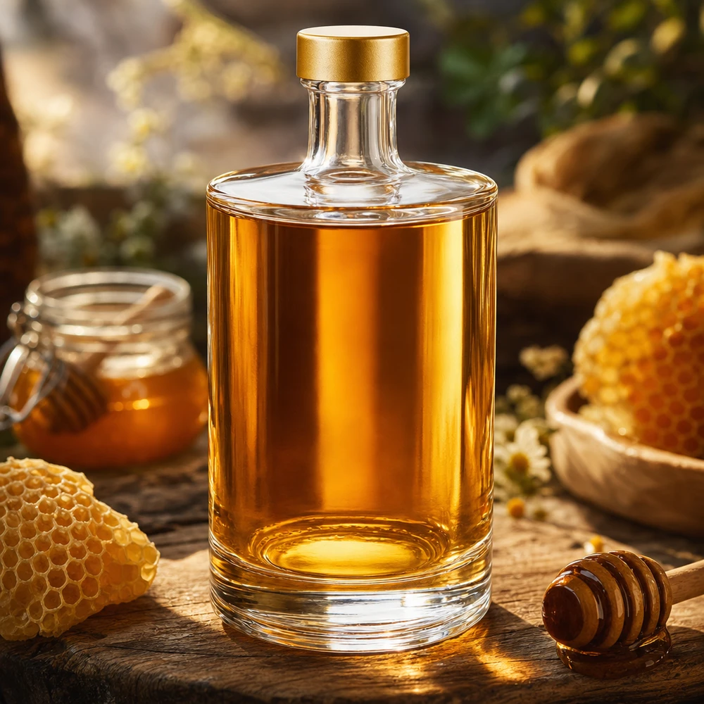 500 ml glasflaske »Sam« + skruelåg guld UNiTWIST® Glasflasche Sam 500ml mit Honig befüllt rustikale Küchendeko Bienenwaben Honiglöffel UNiTWIST gold Verschluss
