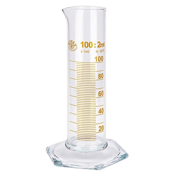 100 ml målecylinder NF af glas, brun skala. NF = lav form. Skala af borosilikatglas med tud. Sekskantet base.