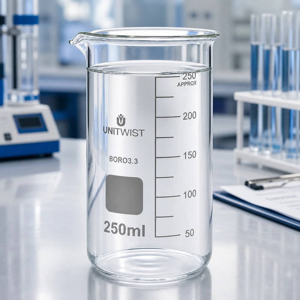 Bæger 250 ml borosilikat, høj form UNITWIST Tomt UNITWIST-bægerglas, 250 ml, høj model, borosilikat 3.3, på laboratoriebordet med måleskala