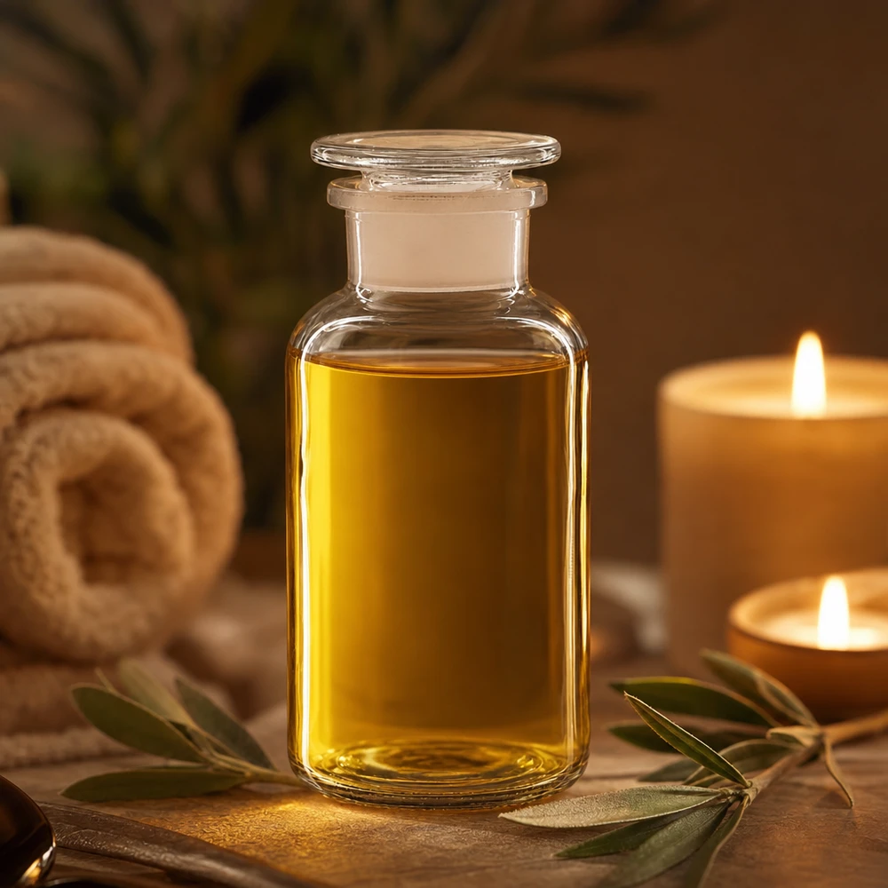 Rund skulderflaske 500 ml klar glasprop med bred hals Rundskulderflaske på 500 ml fyldt med gylden olie ved siden af stearinlys og en olivengren – spa-stemning