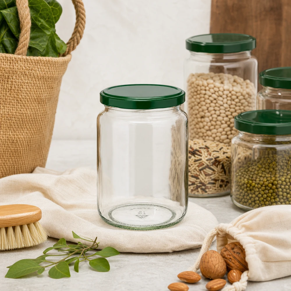 795 ml rund krukke + BasicSeal-låg grøn UNiTWIST 795ml Rundglas UNiTWIST mit grünem Deckel in nachhaltiger Zero-Waste-Küche neben Nüssen und Hülsenfrüchten