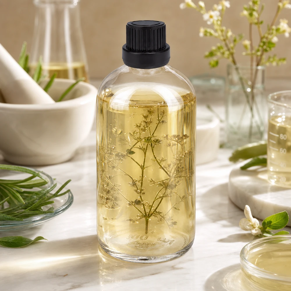 100 ml dråbeflaske 2 mm sort OV ClearLine UT18/100 Urteolie-infusion i en 100 ml ClearLine-dråbeflaske UT18 med børnesikret sort låg