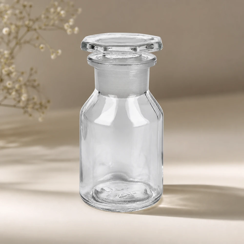 Steep neck-flaske 50 ml klar glasprop med bred hals Flaske med skrå bryst, 50 ml, klar, bred hals, med facetteret glasprop til apoteker og samlere