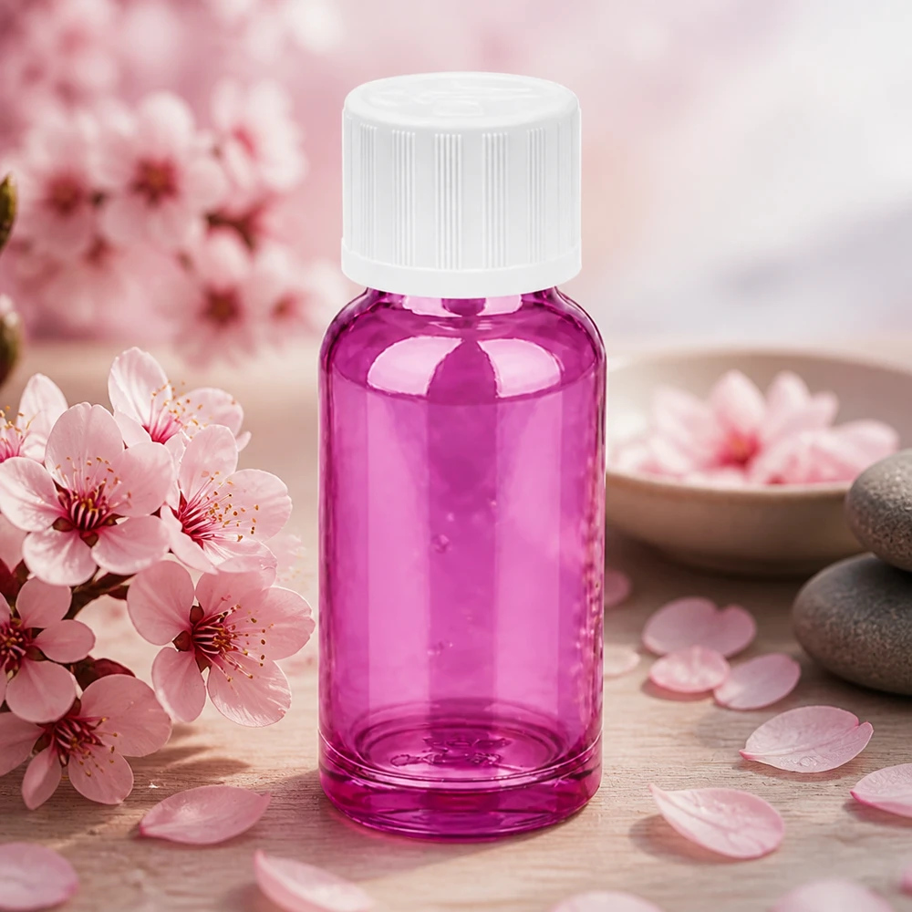 20 ml dråbeflaske 1,2 mm hvid standard børnesikret PurpleLine.UT18/20 Kompakt 20 ml dråbeflaske i pink med STD KiSi-hætte til aromaterapi.