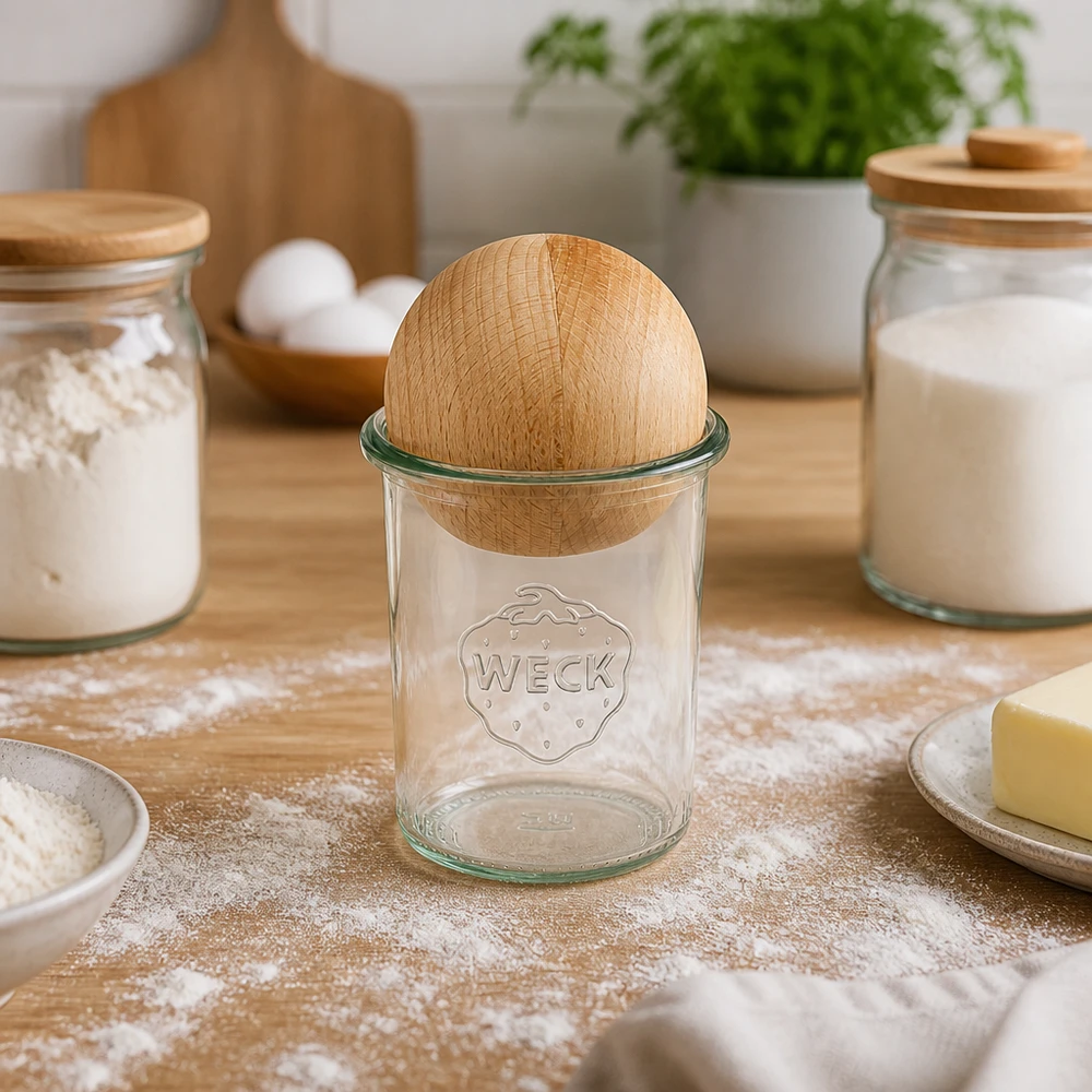 160 ml Briller WECK RR60 med trækugle bøg WECK RR60 160 ml glas med bøgekugleprop placeret mellem melbeholdere og bageingredienser i bagerikøkkenet