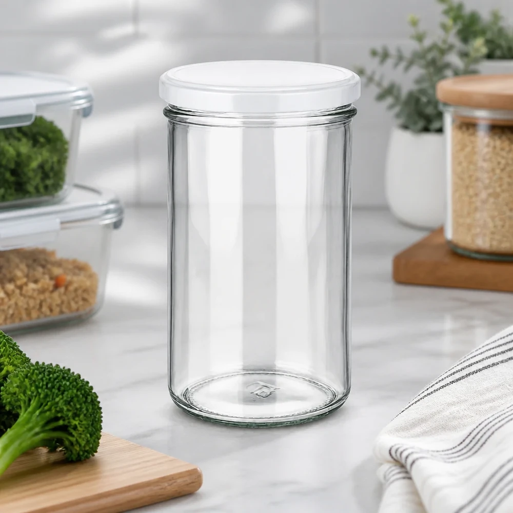 277 ml Briller med BasicSeal-låg hvid UNiTWIST 277ml Einmachglas in moderner Küchenumgebung mit Gemüse und Vorratsgläsern - vielseitig für Meal Prep und Aufbewahrung