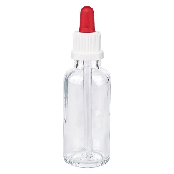 Apoteksflaske klar 30 ml pipette hvid/rød OV Apoteksflaske klar 30 ml pipette hvid/rød OV