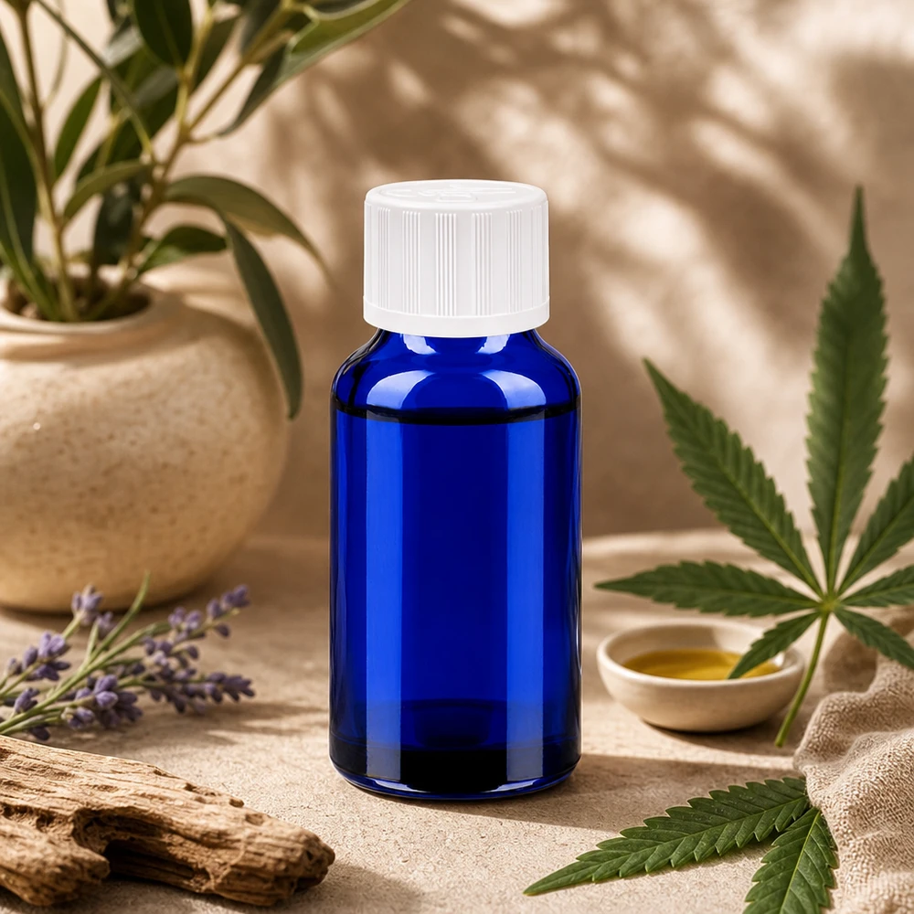 20 ml BlueLine-glasflaske med børnesikret skruelåg til sikker opbevaring af medicin