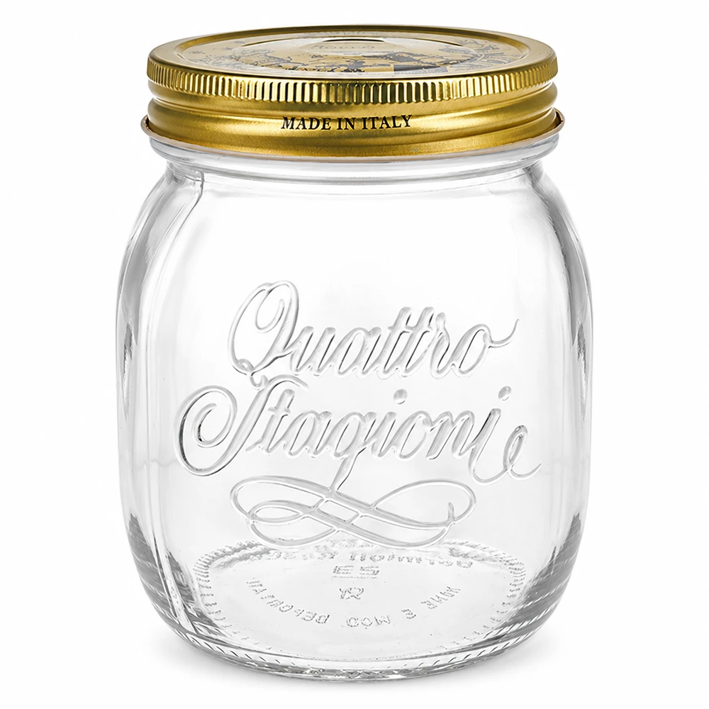 700 ml rundt glas "Quattro Stagioni" med låg 700 ml rund krukke Quattro Stagioni med gyldent låg Made in Italy syltekrukke Italiensk design tom