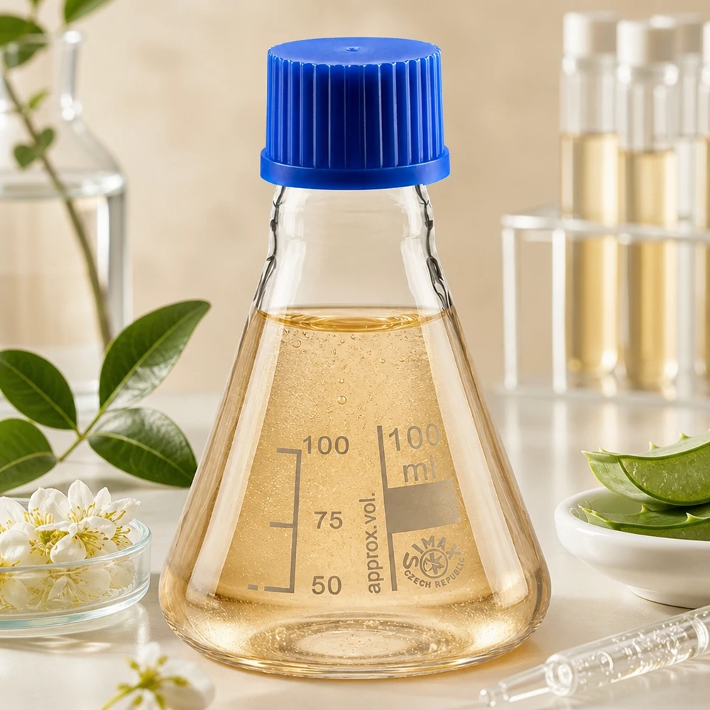Erlenmeyer-kolbe 100 ml med skruelåg Erlenmeyer-kolbe 100 ml med blåt skruelåg til sikker opbevaring af væsker