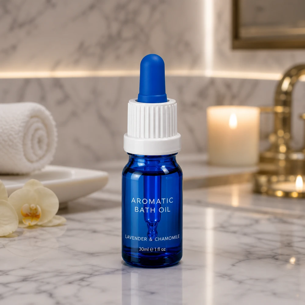 5 ml pipetteflaske hvid/blå OV BlueLine UT18/5 Elegant 5 ml BlueLine-pipetteflaske med hvid hætte til aromaterapiolier og -essenser