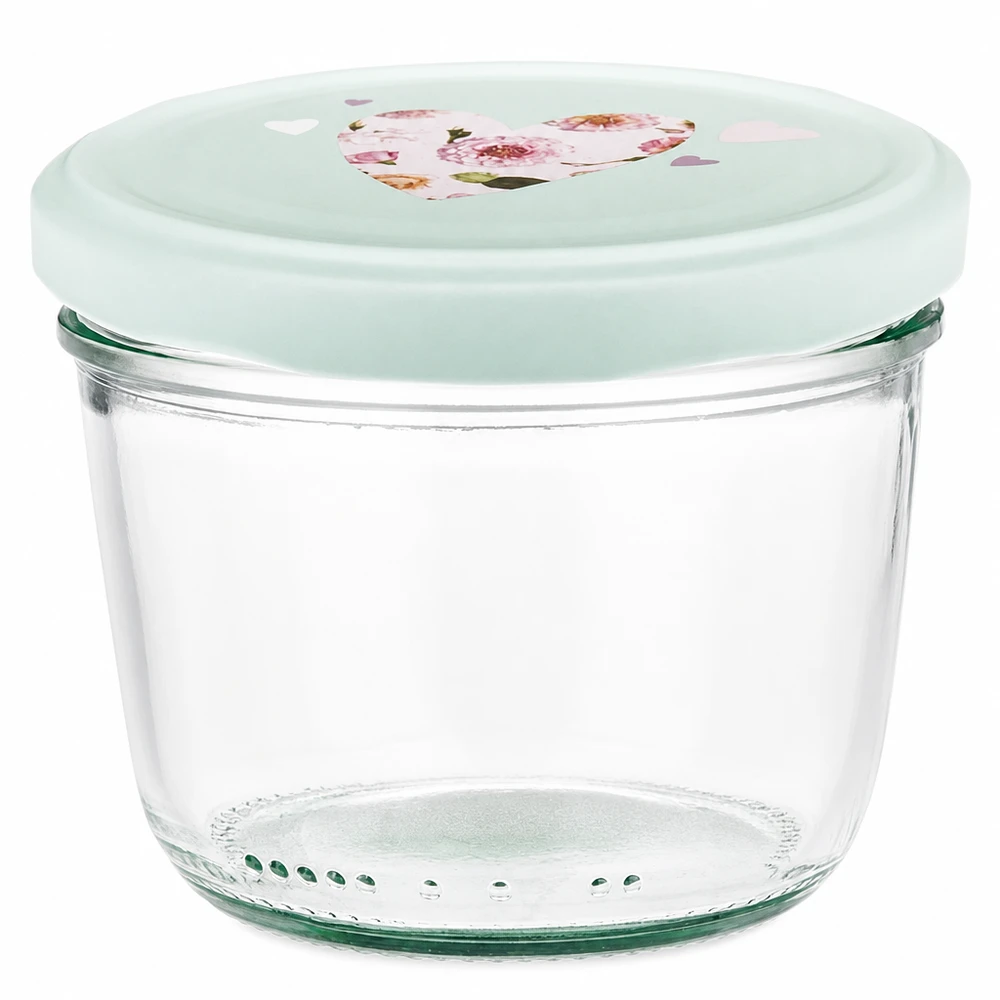 230 ml glas med skrå kant + BasicSeal låg, hjerteformet, mint UNiTWIST 230 ml glas med BasicSeal-låg i mint med hjertemotiv, tomt syltetøjsglas til marmelade og konserves