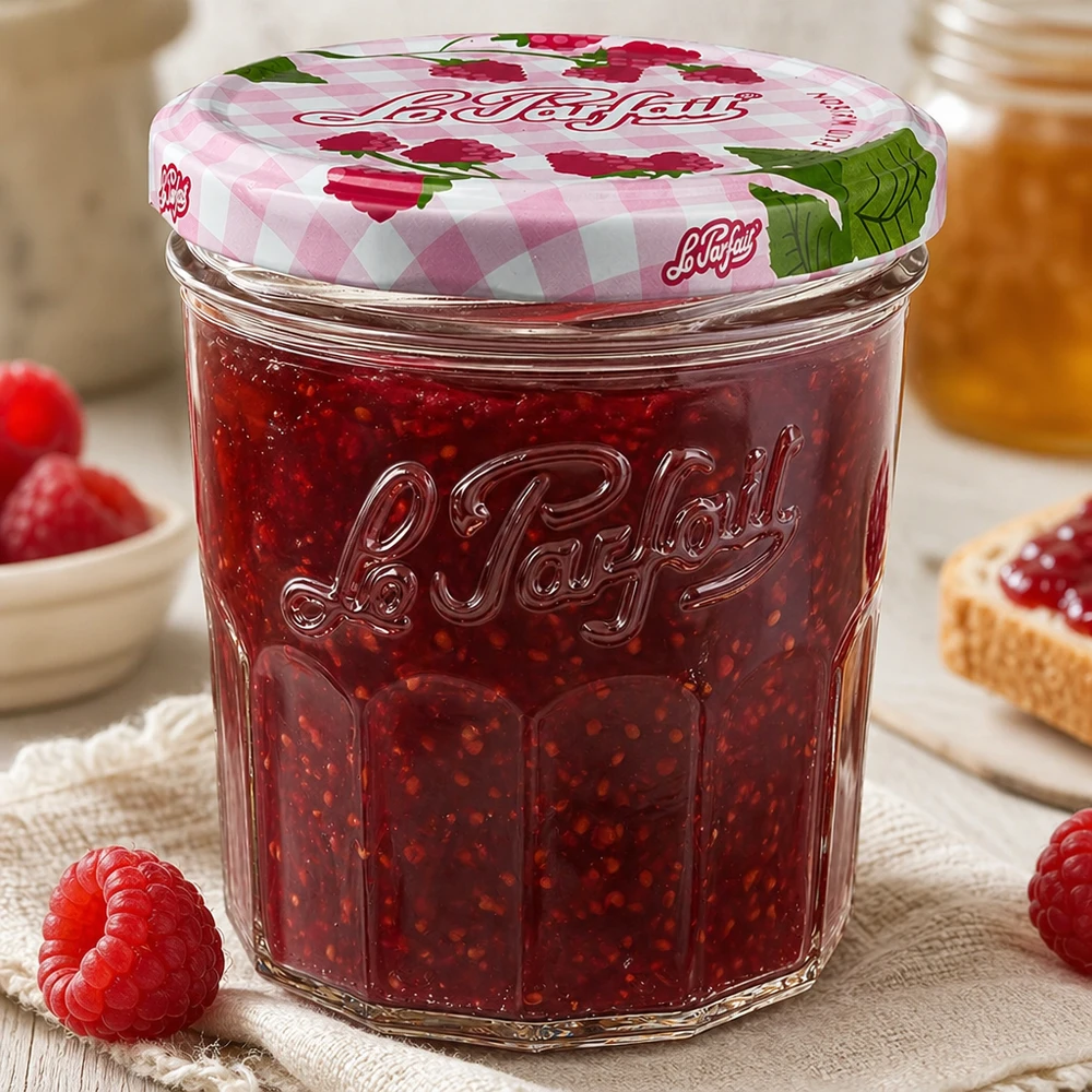 Le Parfait® Jam 324 ml Ø82 mm syltetøjsglas Gefülltes 324ml Le Parfait Sturzglas mit Himbeermarmelade und dekorativem Schraubdeckel in gemütlicher Küche